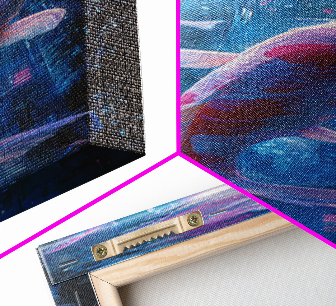 Cyberpunk Koi Swimming Through Electric Blue Water Canvas Print, Cyberpunk Art, Art Print, Living Room Decor, Fine Art, Neon, CYB-1x3-65