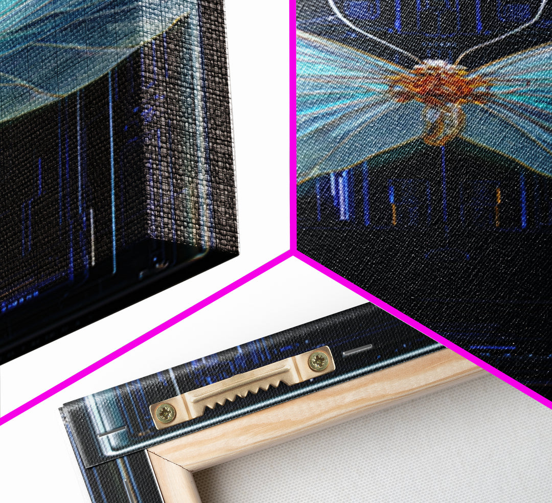 Holographic Butterfly over Black Metal Surface Canvas Print, Cyberpunk Art, Gothic Decor, Living Room Decor, Oil Painting, Neon, CYB-1x3-7
