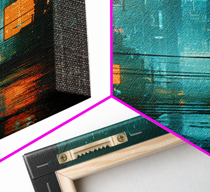 Retro Arcade Dystopia Framed Canvas Print, Cyberpunk Art, Modern Decor, Living Room Decor, Fine Art, Neon, Poster, Wall Decor, CYB-1x3-70