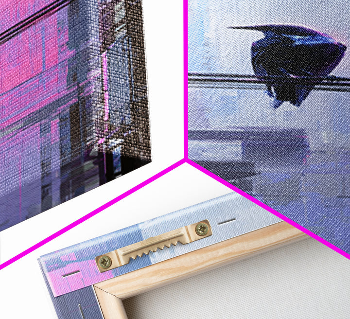 Cybernetic Raven Perched on a Cable Framed Canvas Print, Cyberpunk Art, Gallery Decor, Living Room Decor, Fine Art, Neon, CYB-1x3-71