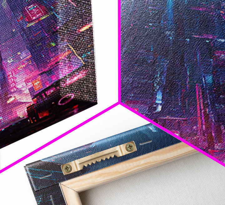Neon Dragon Wrapped Around Skyscraper Shapes Framed Canvas Print, Cyberpunk Art, Fine Art Print, Living Room Decor, CYB-1x3-74