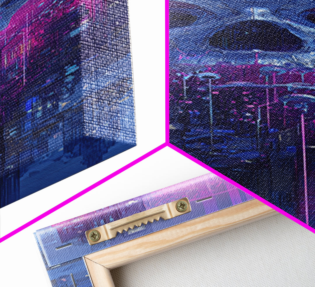 Cyberpunk Skull with Chrome and Violet Light Framed Canvas Print, Cyberpunk Art, Contemporary Art, Living Room Decor, Neon, CYB-1x3-8