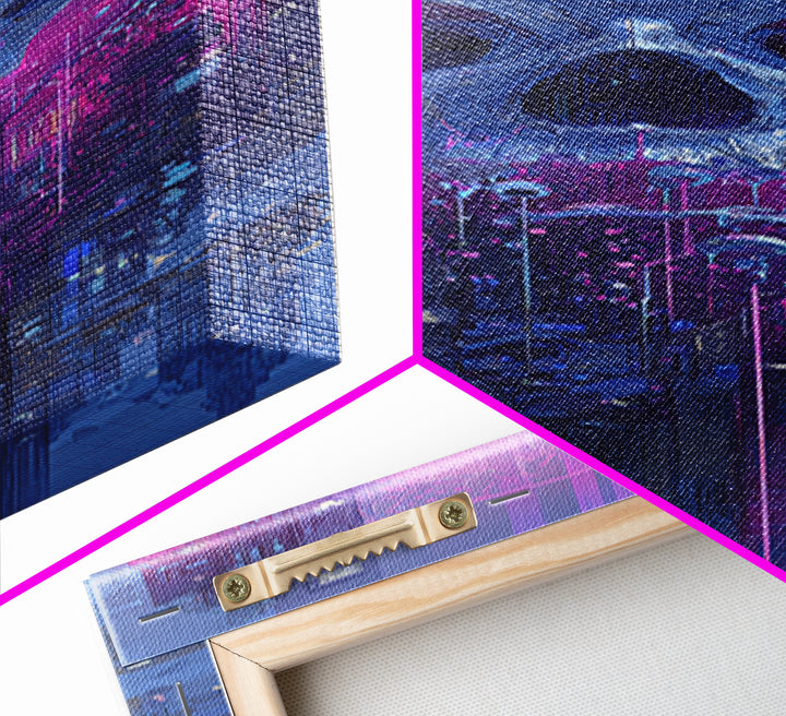 Cyberpunk Skull with Chrome and Violet Light Framed Canvas Print, Cyberpunk Art, Contemporary Art, Living Room Decor, Neon, CYB-1x3-8