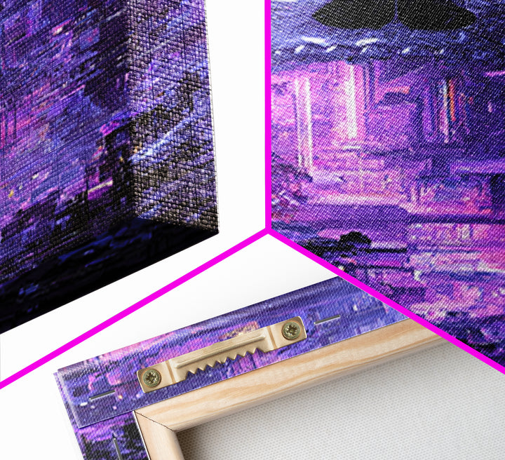Cyberpunk Skull with Chrome and Violet Light Framed Canvas Print, Cyberpunk Art, Digital Art Print, Living Room Decor, Neon, CYB-1x3-80