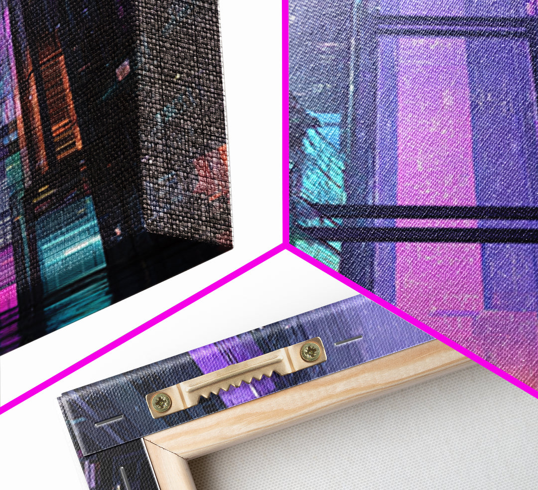 Retro Arcade Dystopia Canvas Print, Cyberpunk Art, Room Decor, Living Room Decor, Neon 394, Cyberpunk, Digital Wall Art, CYB-1x3-94