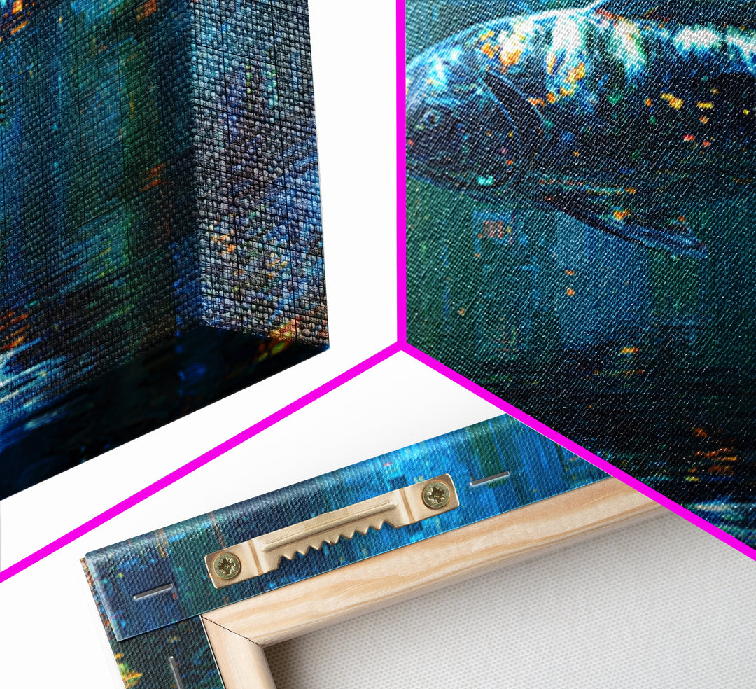Cyberpunk Koi Swimming Through Electric Blue Water Framed Canvas Print, Cyberpunk Art, Cyberpunk 2077, Living Room Decor, Neon, CYB-2x1-1