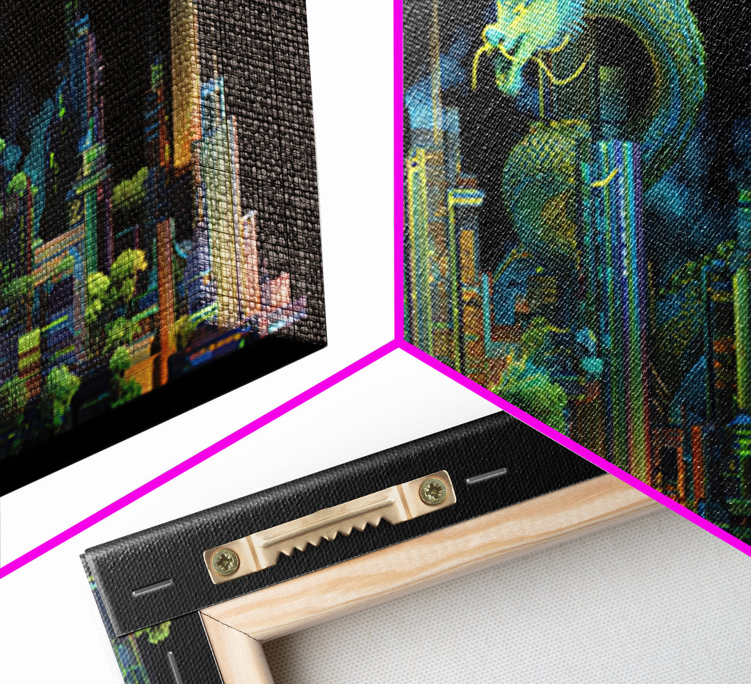 Neon Dragon Wrapped Around Skyscraper Shapes Framed Canvas Print, Cyberpunk Art, Living Room Decor, Abstract Art, Neon, CYB-2x1-10