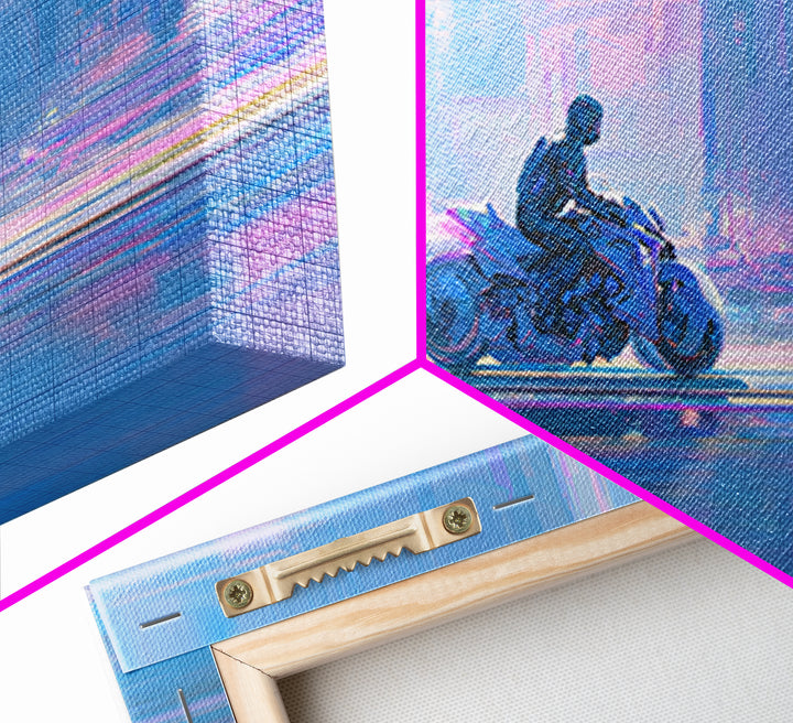 Motorcycle Rider under Holographic Signs Framed Canvas Print, Cyberpunk Art, Minimalist Decor, Living Room Decor, Neon, CYB-2x1-24