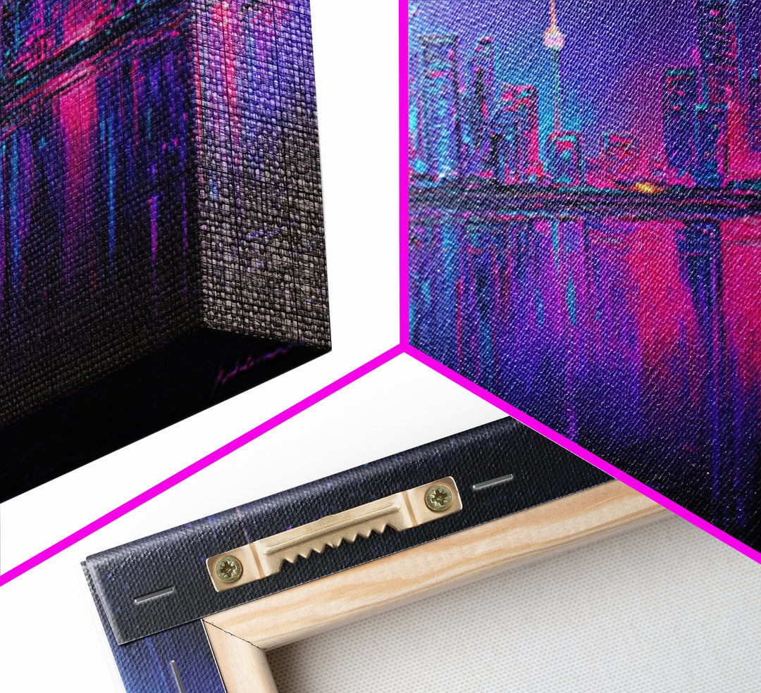 Neon Skyline Reflected Framed Canvas Print, Cyberpunk Art, Room Decor, Living Room Decor, Abstract Art, Neon 142, Cyberpunk, CYB-2x1-42