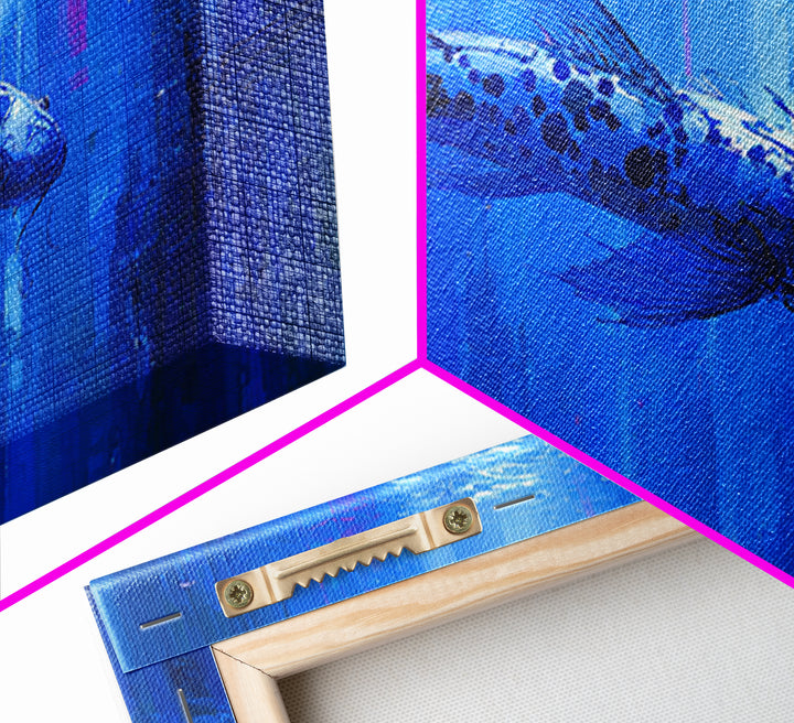 Cyberpunk Koi Swimming Through Electric Blue Water Canvas Print, Cyberpunk Art, Japanese Wall Art, Living Room Decor, Neon, CYB-2x1-49
