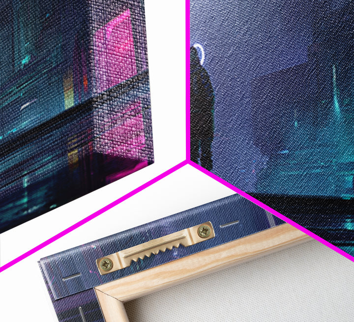 Masked Hacker Figure Framed Canvas Print, Cyberpunk Art, Wall Decor, Living Room Decor, Fine Art, Neon, Japanese Art, CYB-2x1-50