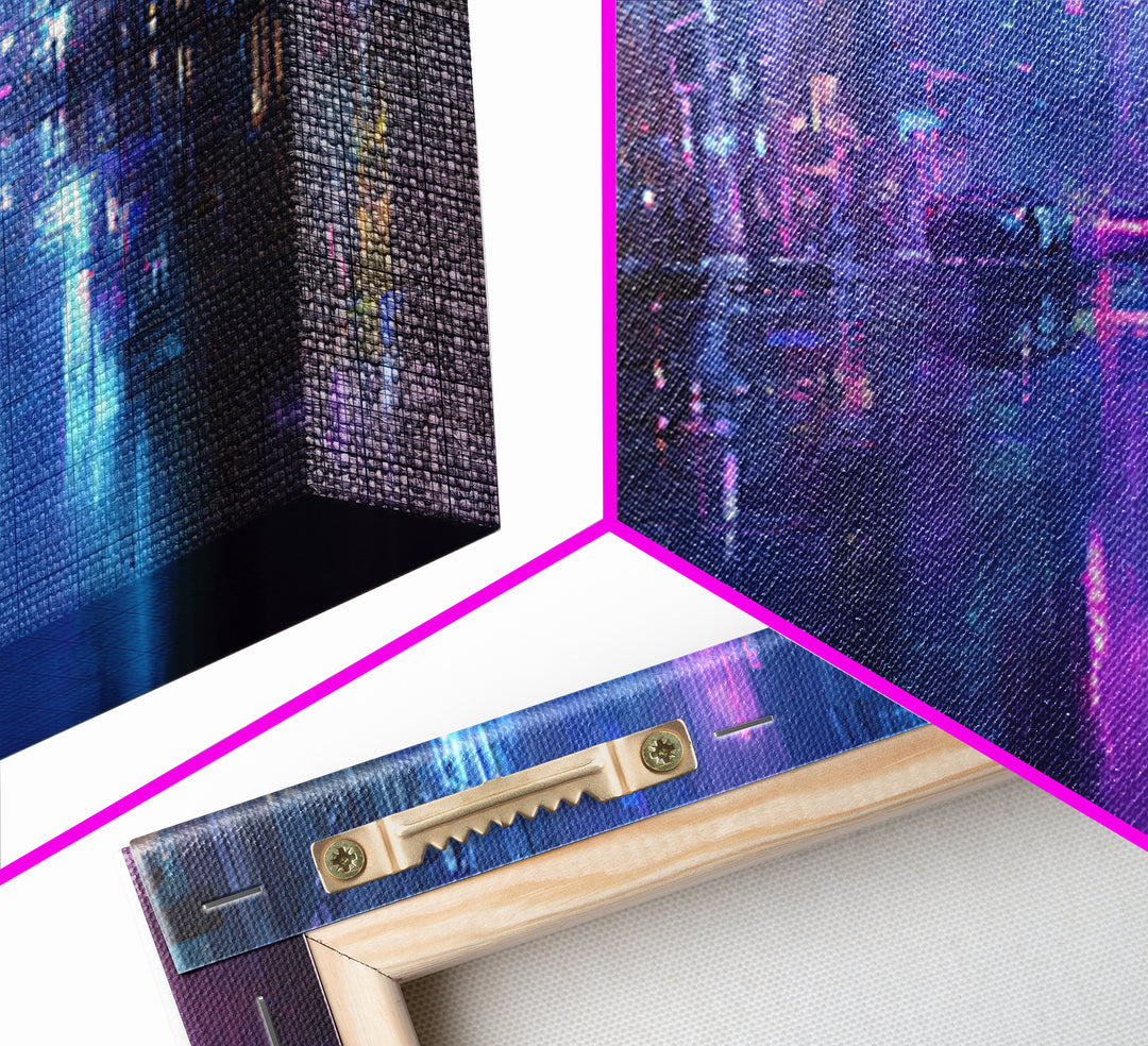 Rain Soaked Alley Canvas Print, Cyberpunk Art, Art Print, Living Room Decor, Abstract Art, Neon, Blue Wall Art, Cool Wall Art, CYB-2x1-52