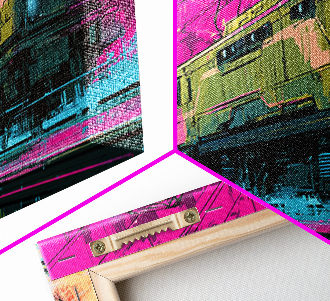 City Train Rushing Through Pink Electric Haze Canvas Print, Cyberpunk Art, Gothic Decor, Living Room Decor, Fine Art, Neon, CYB-2x1-57