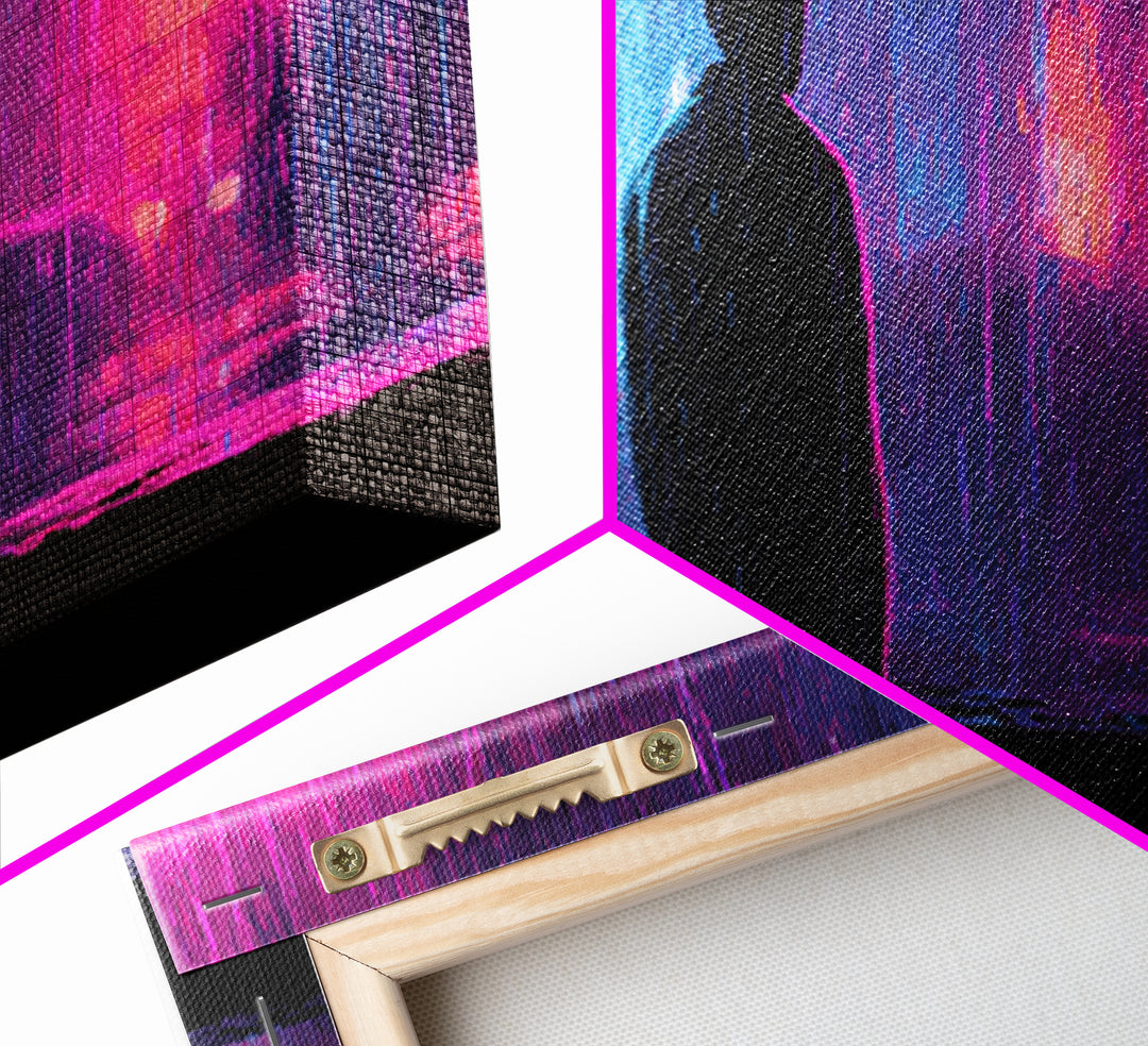 Glowing Umbrella Figure Framed Canvas Print, Cyberpunk Art, Cyberpunk Jacket, Living Room Decor, Fine Art, Neon, Boho Decor, CYB-2x1-59