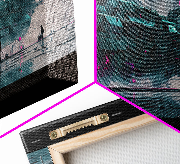 Glowing Kanji Shapes Framed Canvas Print, Cyberpunk Art, Canvas Wall Art, Living Room Decor, Fine Art, Neon, Space Art, CYB-2x1-65