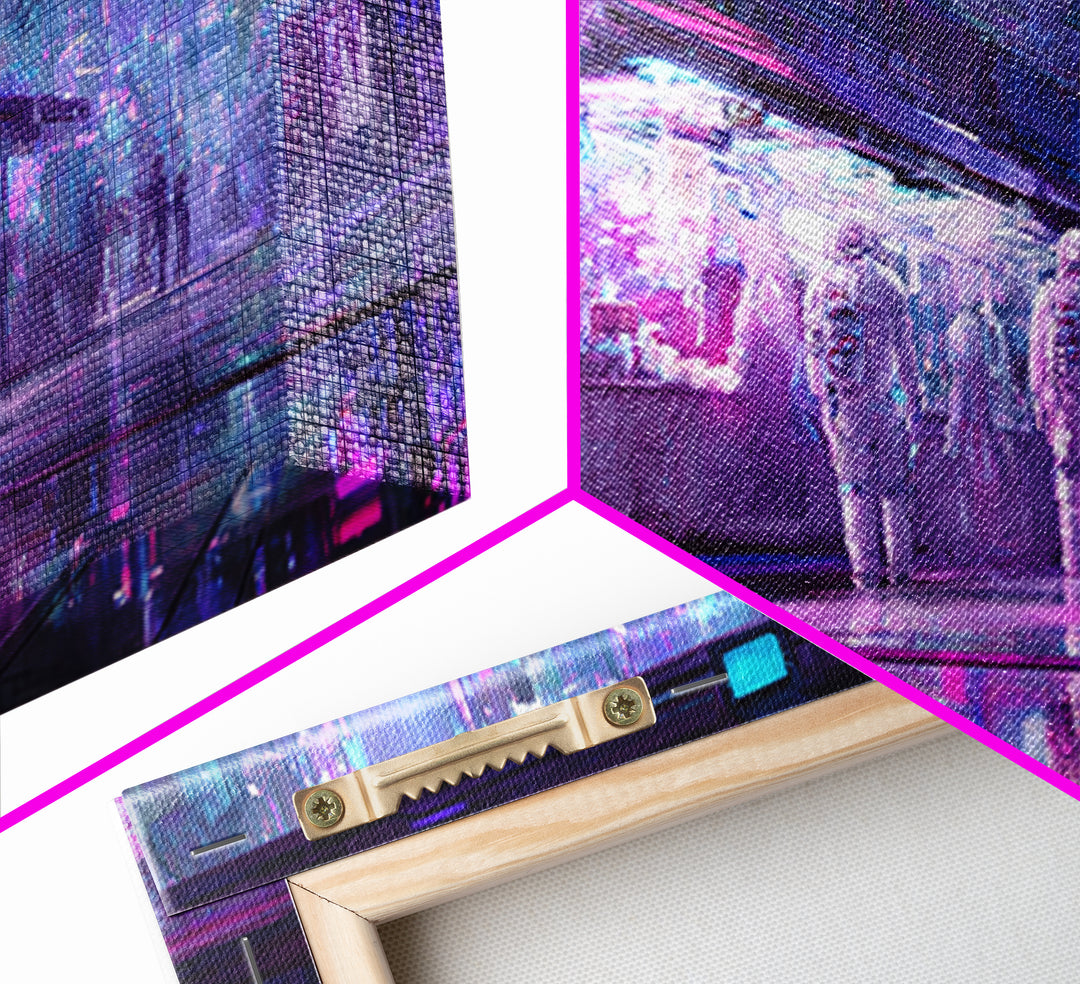 Astronaut Street Wanderer Framed Canvas Print, Cyberpunk Art, Gallery Decor, Living Room Decor, Fine Art, Neon, Wall Art, CYB-2x1-67