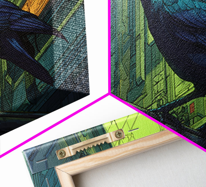 Cybernetic Raven Perched on a Cable Framed Canvas Print, Cyberpunk Art, Art Print, Living Room Decor, Fine Art, Neon, CYB-2x1-7