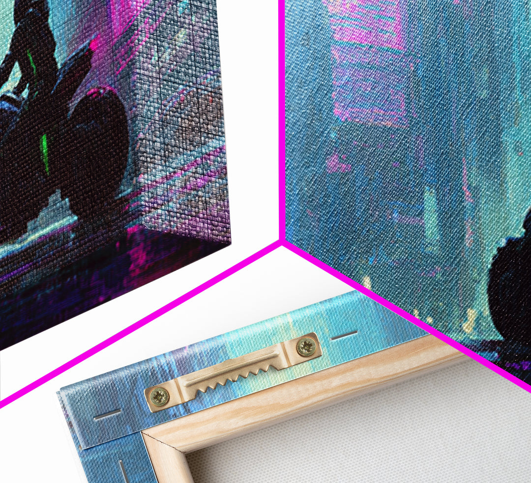 Motorcycle Rider under Holographic Signs Framed Canvas Print, Cyberpunk Art, Gothic Decor, Living Room Decor, Fine Art, Neon, CYB-2x1-72