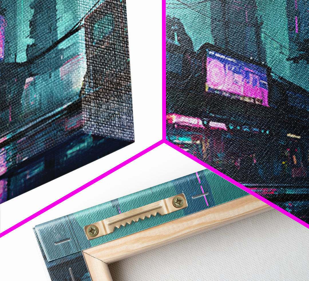 Retro Arcade Dystopia Canvas Print, Cyberpunk Art, Cyberpunk, Living Room Decor, Fine Art, Neon, Modern Art, Blue Wall Art, CYB-2x1-78