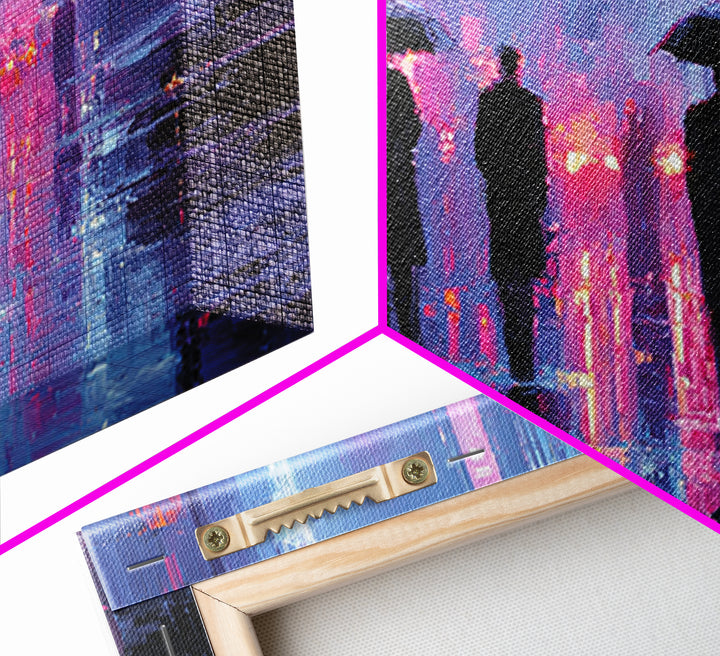Glowing Umbrella Figure Framed Canvas Print, Cyberpunk Art, Wall Decor, Living Room Decor, Fine Art, Neon, Japanese Art, CYB-2x1-83