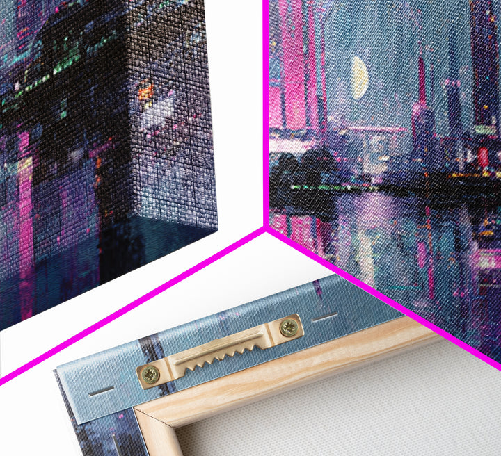 Dystopian Moon over Dense Rooftops Framed Canvas Print, Cyberpunk Art, Digital Art, Living Room Decor, Fine Art, Neon, CYB-2x1-86