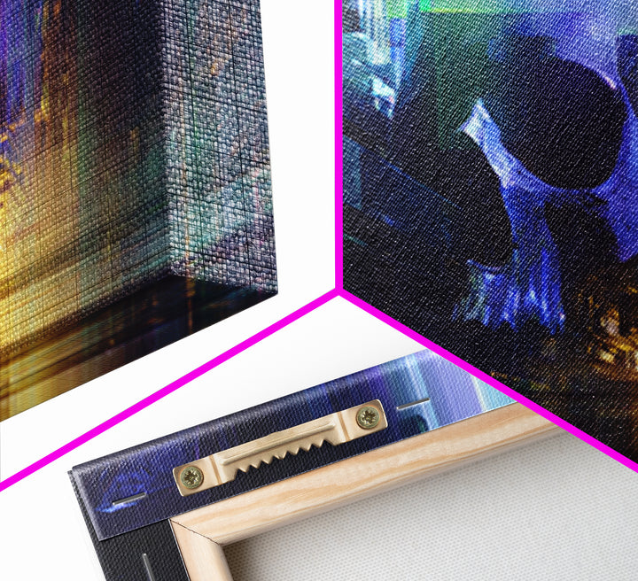 Cyberpunk Skull with Chrome and Violet Light Framed Canvas Print, Cyberpunk Art, Japanese Wall Art, Living Room Decor, Neon, CYB-2x1-88