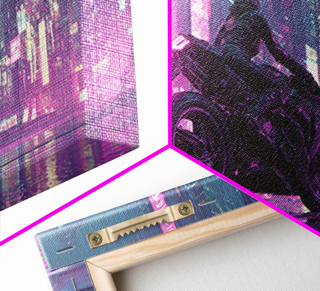 Motorcycle Rider under Holographic Signs Framed Canvas Print, Cyberpunk Art, Man Cave Decor, Living Room Decor, Fine Art, Neon, CYB-2x1-96