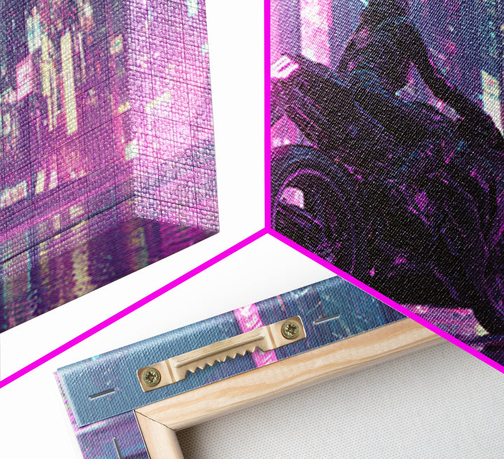 Motorcycle Rider under Holographic Signs Framed Canvas Print, Cyberpunk Art, Man Cave Decor, Living Room Decor, Fine Art, Neon, CYB-2x1-96