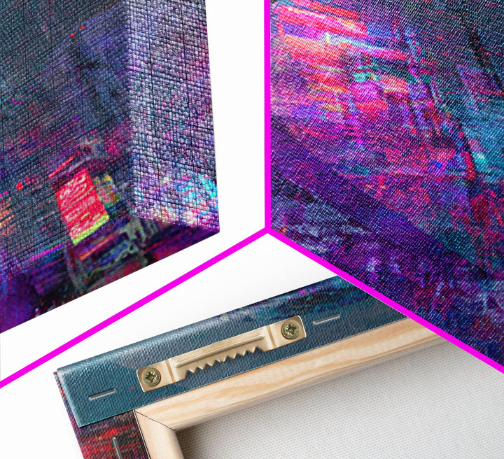 Neon Dragon Wrapped Around Skyscraper Shapes Framed Canvas Print, Cyberpunk Art, Poster, Living Room Decor, Fine Art, Neon, CYB-2x3-22