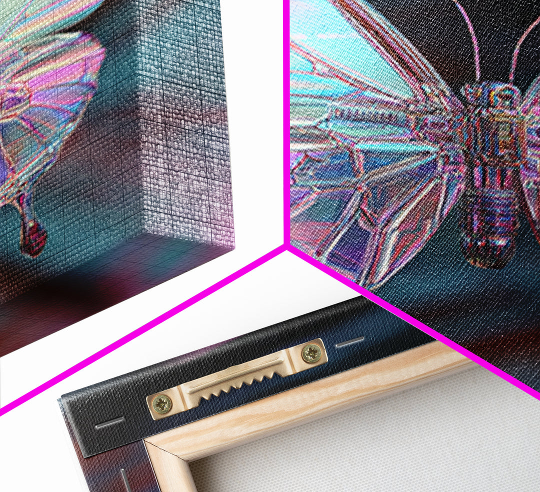 Holographic Butterfly over Black Metal Surface Canvas Print, Cyberpunk Art, Home Decor, Living Room Decor, Fine Art, Neon, CYB-2x3-27