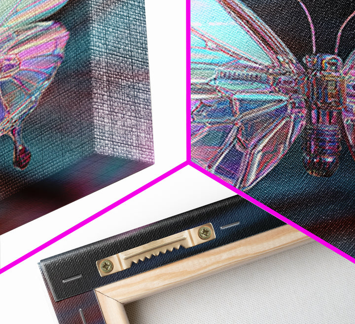 Holographic Butterfly over Black Metal Surface Canvas Print, Cyberpunk Art, Home Decor, Living Room Decor, Fine Art, Neon, CYB-2x3-27