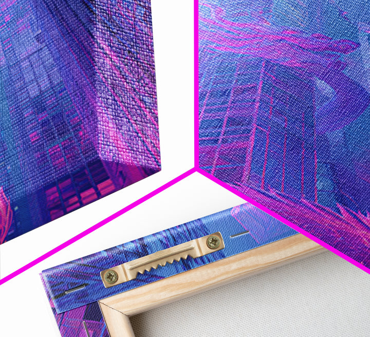 Neon Dragon Wrapped Around Skyscraper Shapes Framed Canvas Print, Cyberpunk Art, Poster, Living Room Decor, Fine Art, Neon, CYB-2x3-46