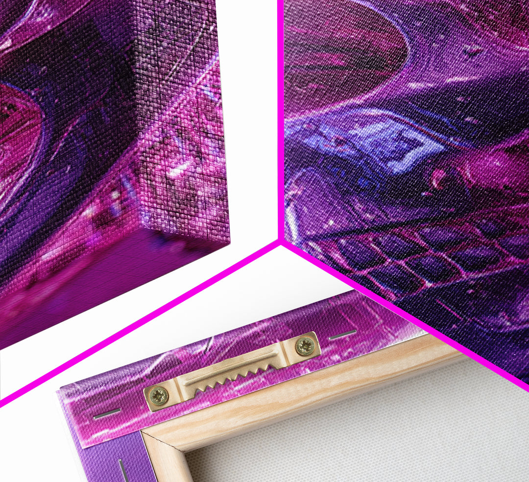 Cyberpunk Skull with Chrome and Violet Light Framed Canvas Print, Cyberpunk Art, Poster, Living Room Decor, Fine Art, Neon, CYB-2x3-52