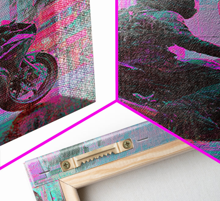 Motorcycle Rider under Holographic Signs Framed Canvas Print, Cyberpunk Art, Gothic Decor, Living Room Decor, Fine Art, Neon, CYB-2x3-60
