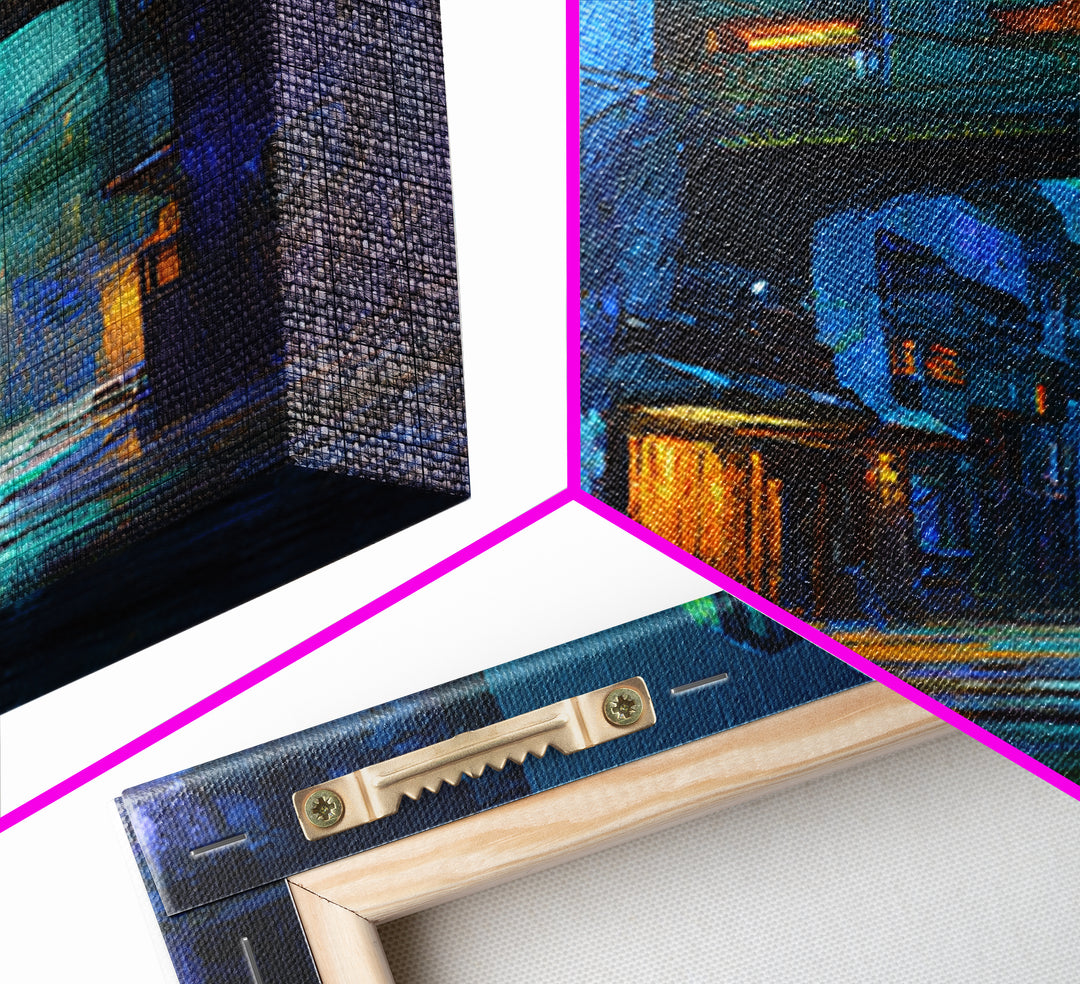 Rain Soaked Alley Framed Canvas Print, Cyberpunk Art, Art Print, Living Room Decor, Abstract Art, Neon, Blue Wall Art, CYB-2x3-64