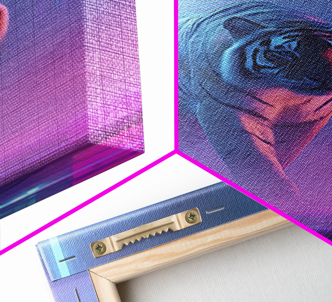 Neon Tiger Emerging from Digital Fog Canvas Print, Cyberpunk Art, Blue Wall Art, Living Room Decor, Neon, Modern Wall Decor, CYB-2x3-65