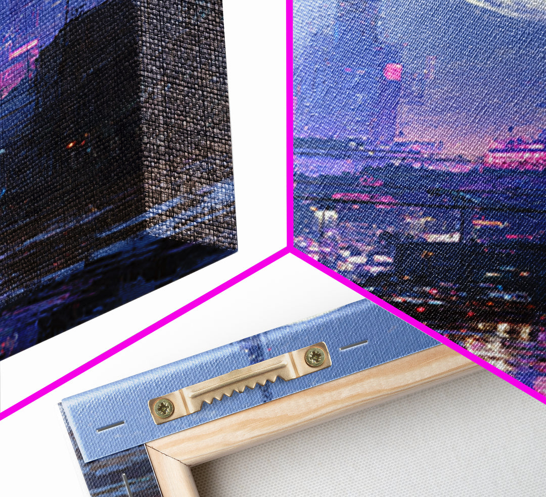 Dystopian Moon over Dense Rooftops Framed Canvas Print, Cyberpunk Art, Digital Wall Art, Living Room Decor, Watercolor Art, CYB-2x3-74