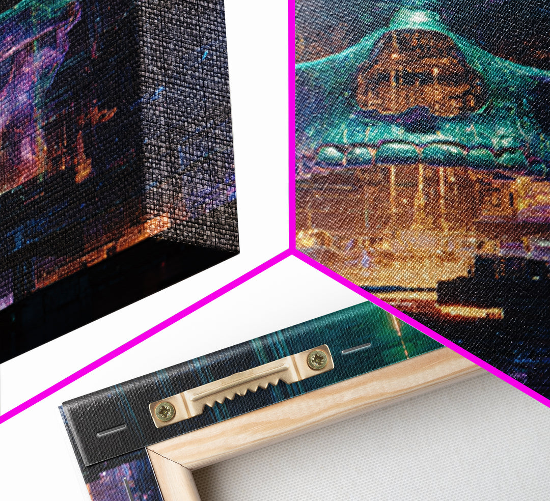Cyberpunk Skull with Chrome and Violet Light Framed Canvas Print, Cyberpunk Art, Urban Wall Art, Living Room Decor, Neon, CYB-2x3-76