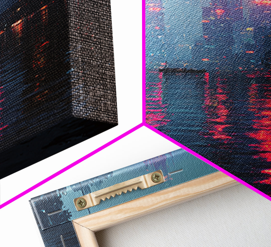 Neon Skyline Reflected Framed Canvas Print, Cyberpunk Art, Gothic Decor, Living Room Decor, Abstract Art, Neon, CYB-2x3-78