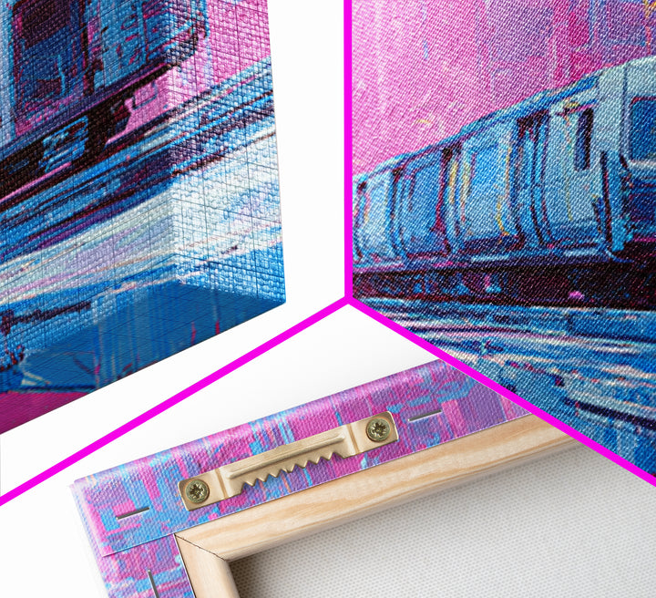 City Train Rushing Through Pink Electric Haze Framed Canvas Print, Cyberpunk Art, Cool Wall Art, Living Room Decor, Neon, CYB-2x3-93
