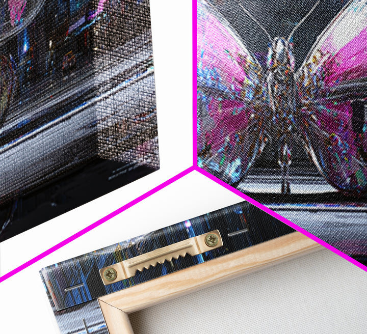 Holographic Butterfly over Black Metal Surface Canvas Print, Cyberpunk Art, Modern Wall Decor, Living Room Decor, Neon, CYB-3x1-11