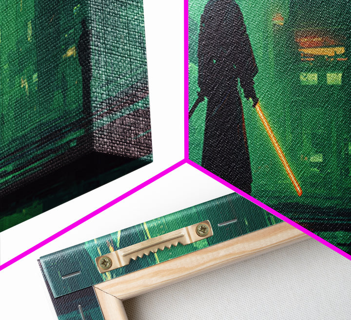 Neon Samurai Portrait Framed Canvas Print, Cyberpunk Art, Space Art, Living Room Decor, Oil Painting, Neon, Cyberpunk Wall Art, CYB-3x1-17
