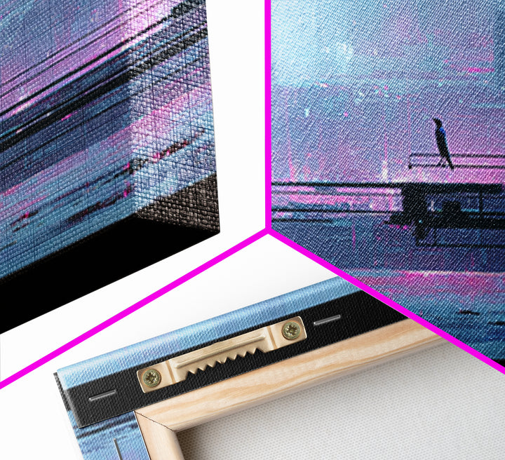 Cybernetic Raven Perched on a Cable Framed Canvas Print, Cyberpunk Art, Textured Painting, Living Room Decor, Fine Art, Neon, CYB-3x1-27