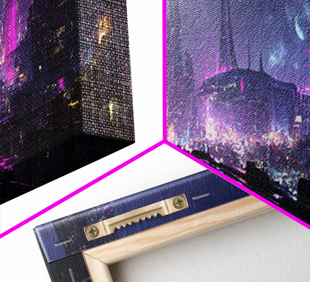 Dystopian Moon over Dense Rooftops Canvas Print, Cyberpunk Art, Canvas Wall Art, Living Room Decor, Abstract Art, Neon, CYB-3x1-34