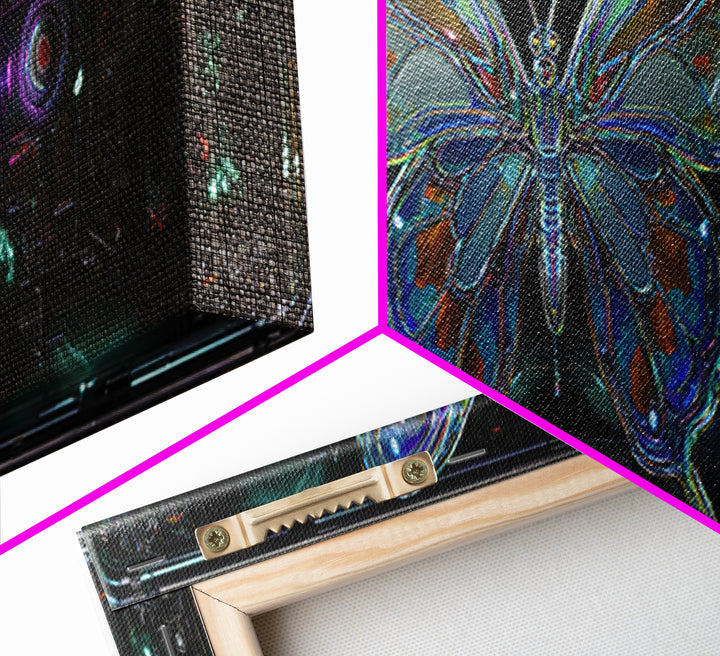 Holographic Butterfly over Black Metal Surface Canvas Print, Cyberpunk Art, Minimalist Decor, Living Room Decor, Fine Art, Neon, CYB-3x1-35