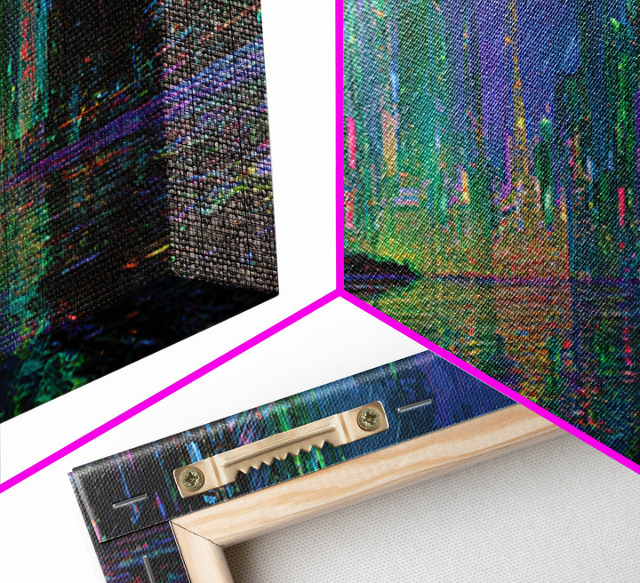 Neon Skyline Reflected Canvas Print, Cyberpunk Art, Abstract Art, Living Room Decor, Neon, Urban Wall Art, Cyberpunk Helmet, CYB-3x1-38