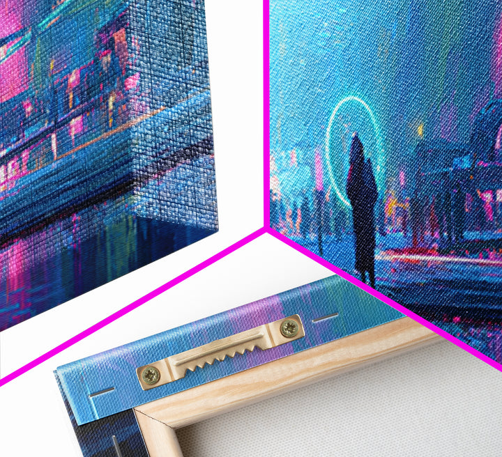 Masked Hacker Figure Canvas Print, Cyberpunk Art, Cyberpunk Decor, Living Room Decor, Neon, Modern Decor, Fine Art Print, CYB-3x1-46