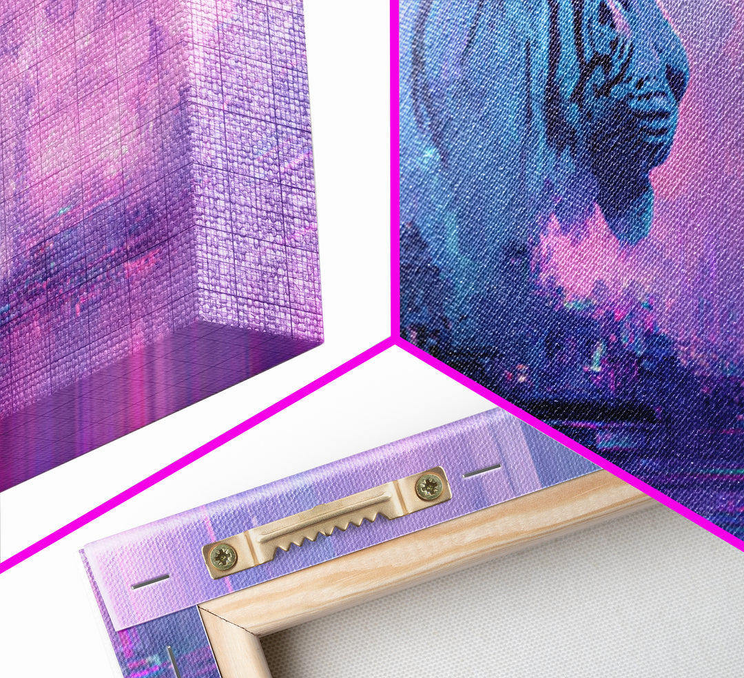 Neon Tiger Emerging from Digital Fog Canvas Print, Cyberpunk Art, Cyberpunk Helmet, Living Room Decor, Abstract Art, Neon, CYB-3x1-49