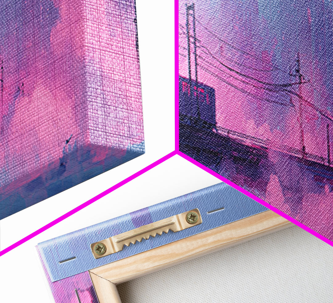 City Train Rushing Through Pink Electric Haze Framed Canvas Print, Cyberpunk Art, Japanese Art, Living Room Decor, CYB-3x1-5