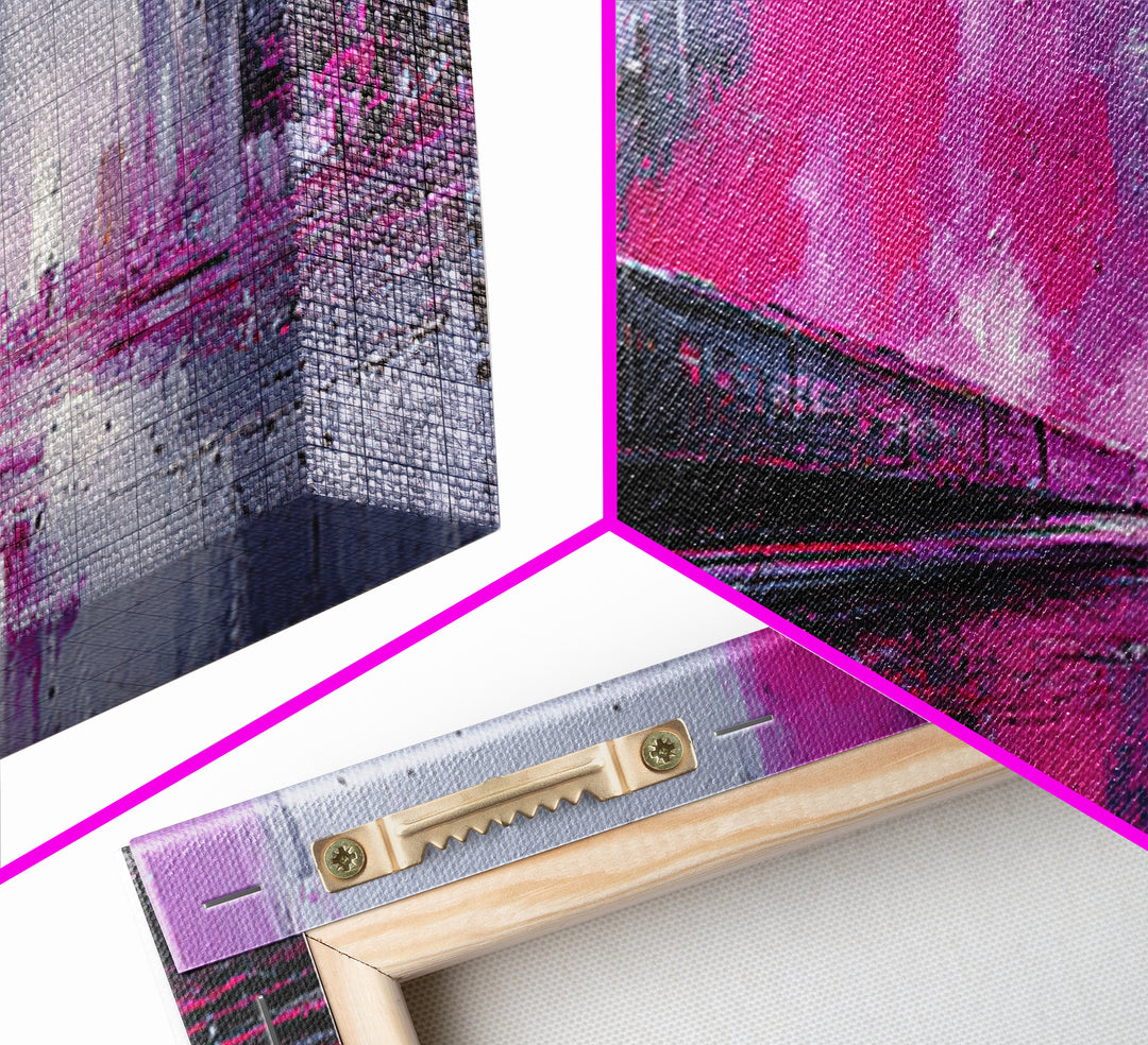 City Train Rushing Through Pink Electric Haze Framed Canvas Print, Cyberpunk Art, Minimalist Poster, Living Room Decor, Neon, CYB-3x1-53